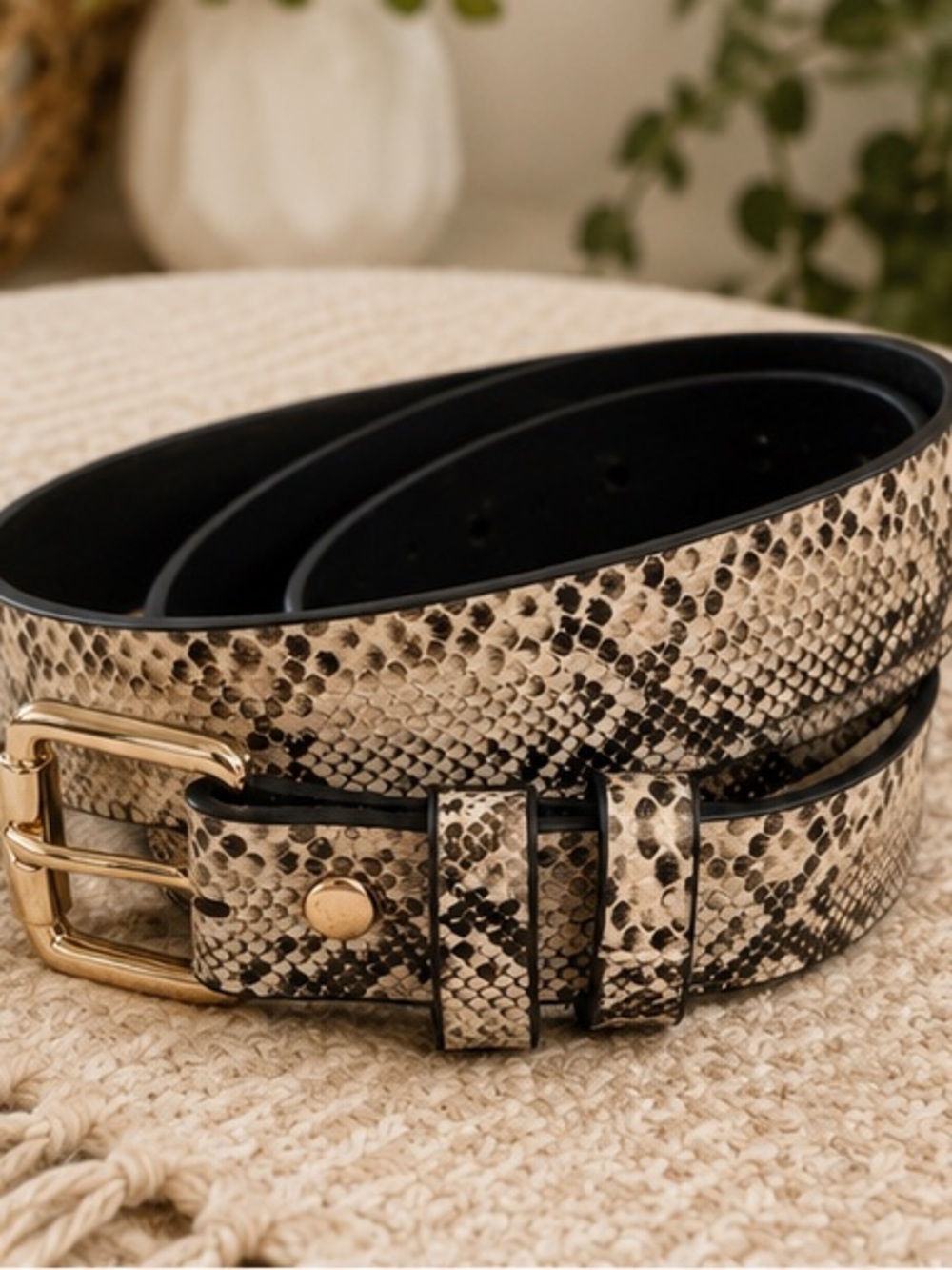 NWT Luxe Cream Snakeskin Print Faux Leather Belt Gold Buckle